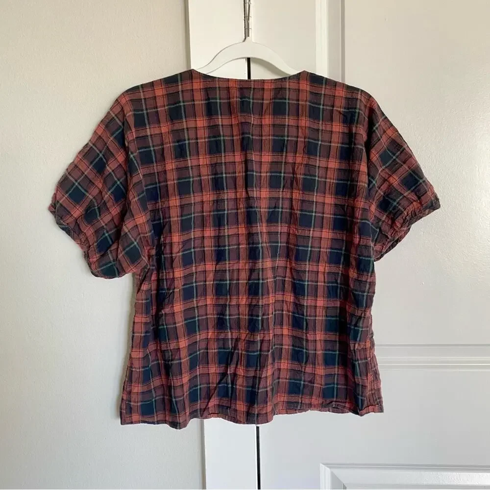 Madewell Preppy V-Neck Plaid Gathered Slightly Shrunken Puff Sleeve Casual Top